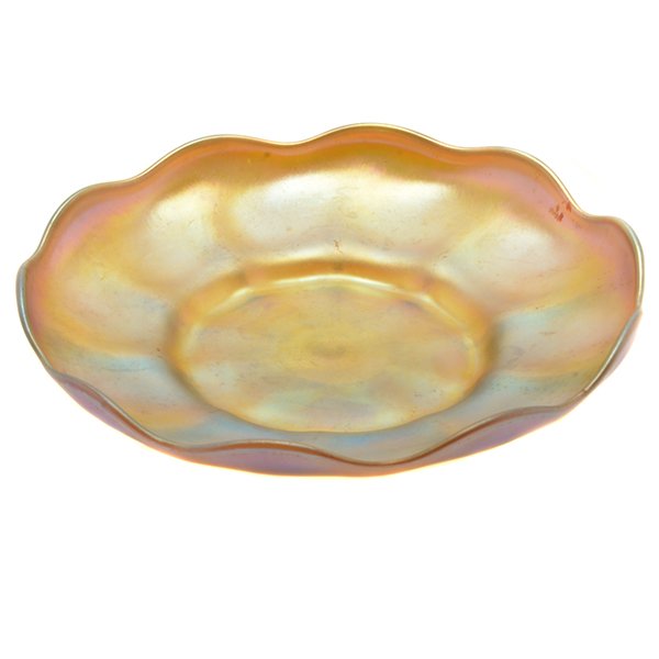 Tiffany Studios Favrile Glass Tray: Tiffany Studios Favrile Glass Tray, The dish form with a scalloped rim, the gold glass with blue and violet highlights, engraved signature "L.C.T. Favrile 1277" {Diameter of tray 6 1/2 inches}