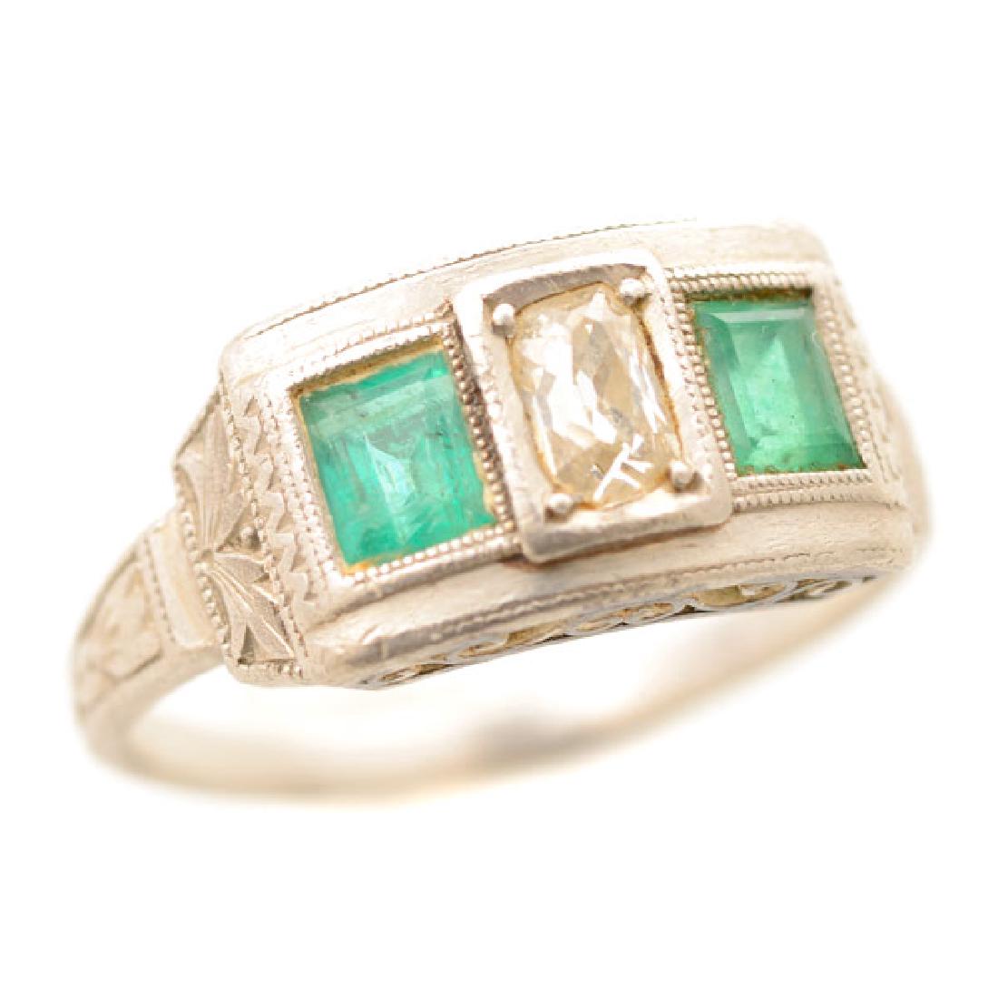 Art Deco Diamond, Emerald, Platinum Ring. (1 of 4)