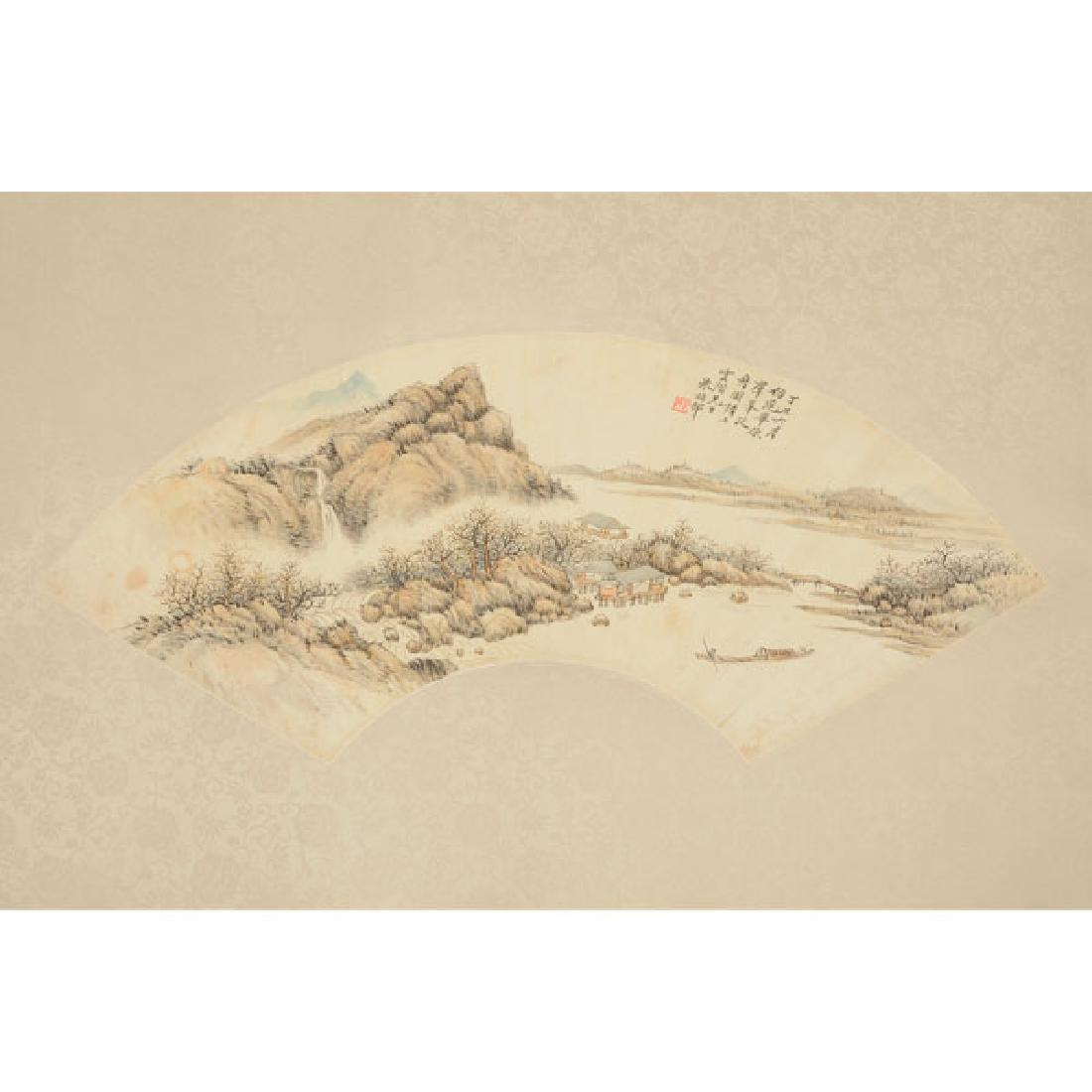 Zhu Meicun (1911-1993): Fan Painting: Zhu Meicun (1911-1993): Fan Painting Ink and color on paper, dated, inscribed, signed 'Zhu Meicun', and with one seal, mounted. {Width: 21 inches (53.3 cm)} [Staining, minor foxing, small hole]