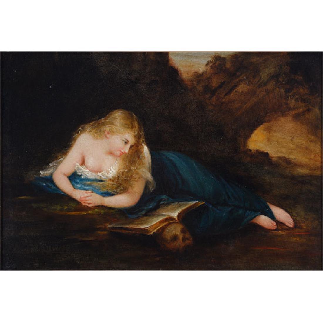 European School "Reclining Nude" oil on board: EUROPEAN SCHOOL (20th century) "Reclining Nude" Oil on board. 11 1/2 x 17 1/8 inches; Frame: 17 x 22 3/8 inches.