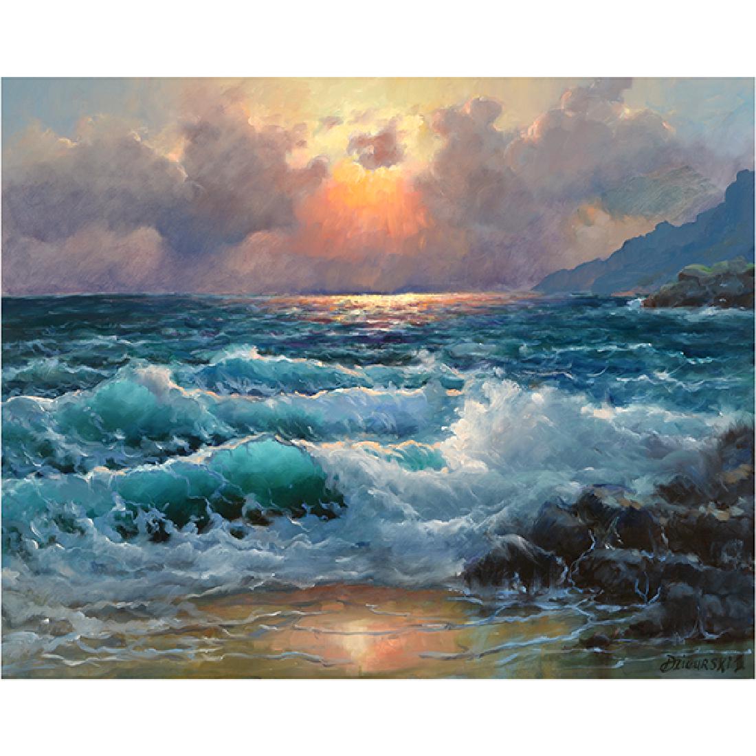 Alexander Dzigurski II "Crashing Waves" oil on canvas: ALEXANDER DZIGURSKI II (Californian b. 1968) "Crashing Waves on the Rocks" Oil on canvas. 24 1/4 x 30 1/8 inches; Frame: 34 x 39 3/4 inches. Signed l/r.