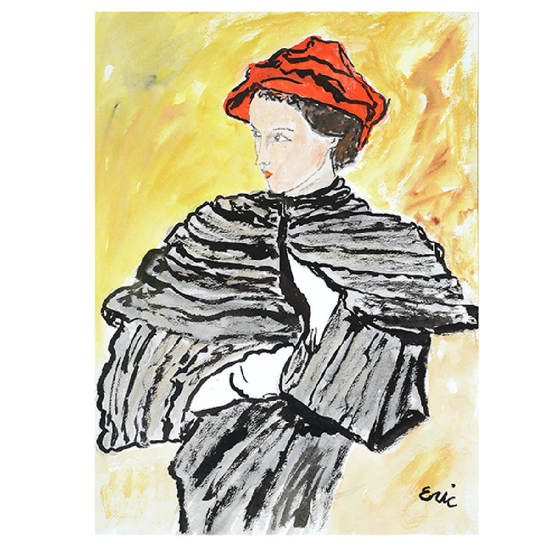 After Carl Erickson "Woman in Red Hat" watercolor and: After CARL OSCAR AUGUST ERICKSON (American 1891-1958) Study of Woman in Red Hat Watercolor and ink on paper Sheet: 23 7/8 x 17 7/8 inches; Frame: 30 1/4 x 28 1/8 inches Signed lower right: Eric Proven