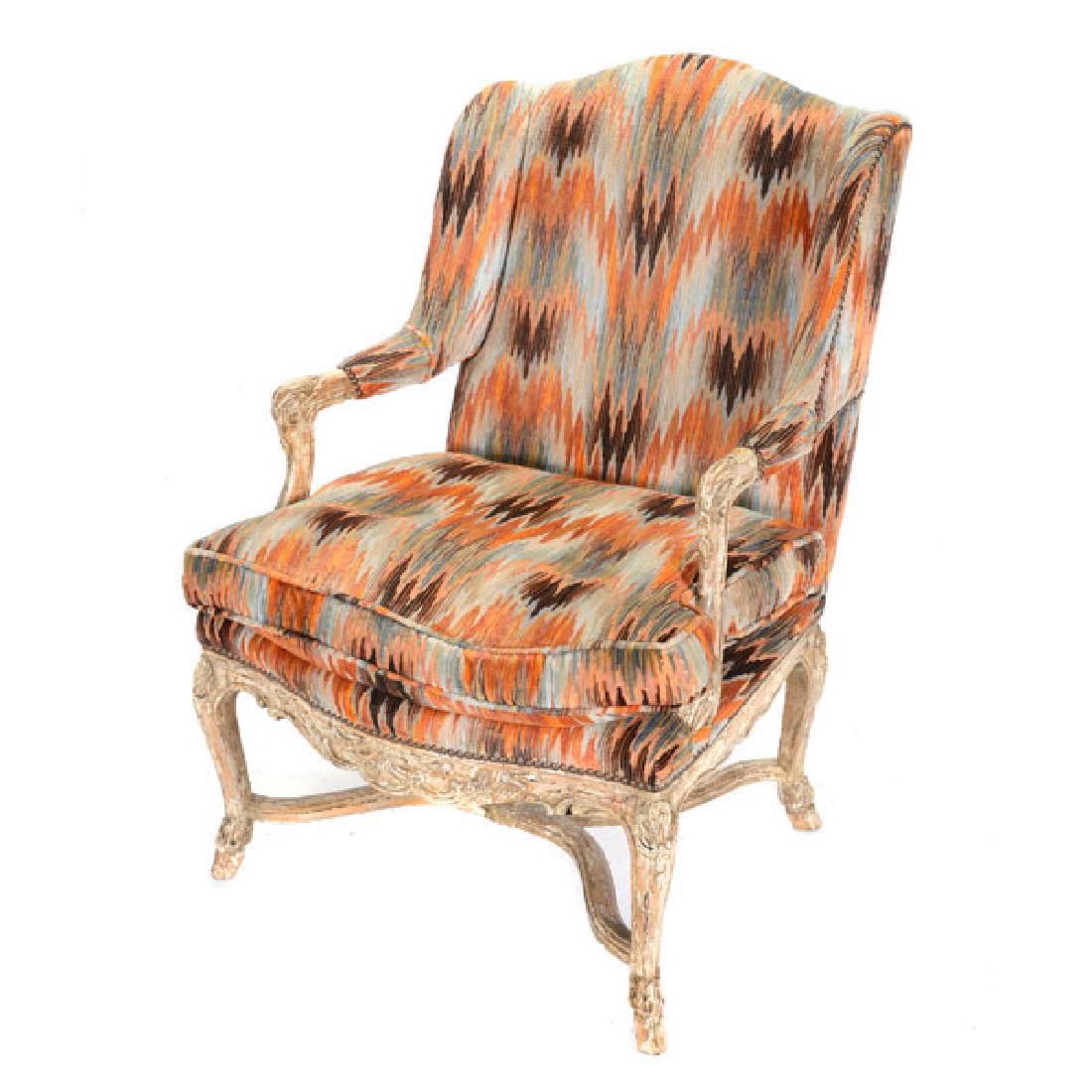 Louis XV Style Wingback Armchair: Louis XV Style Wingback Armchair, with faux distressed finish upholstered in multicolored Missoni style upholstery {Dimensions 41 1/2 x 28 x 25 inches}
