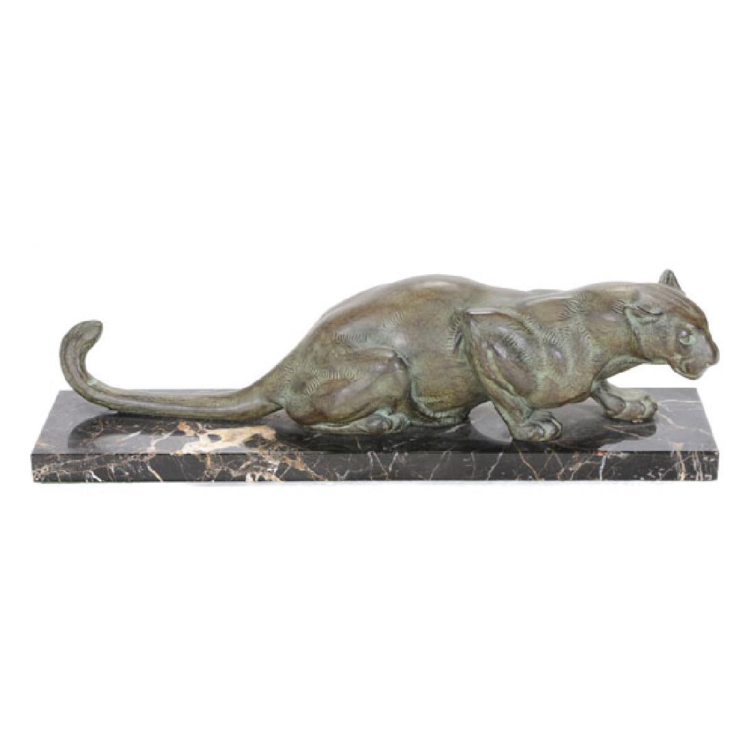 Patinated Metal Sculpture of Panther on Black Marble: Patinated Metal Sculpture of Panther on Black Marble Base