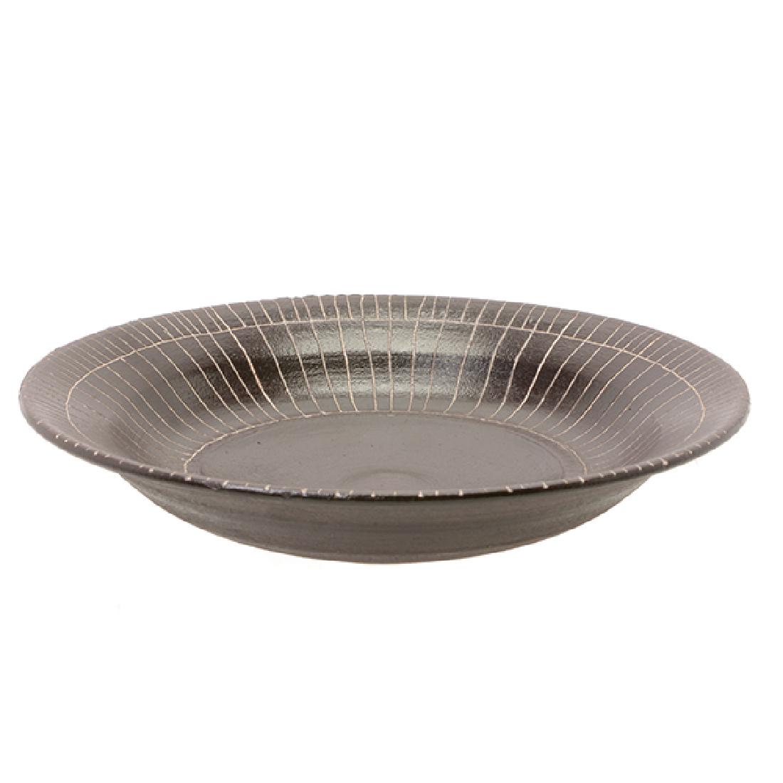 Lucy Rei Art Pottery Bowl: Lucy Rei Art Pottery Bowl, with brown slip and incised line decoration, stamped on the bottom {Diameter 6 1/4 inches}