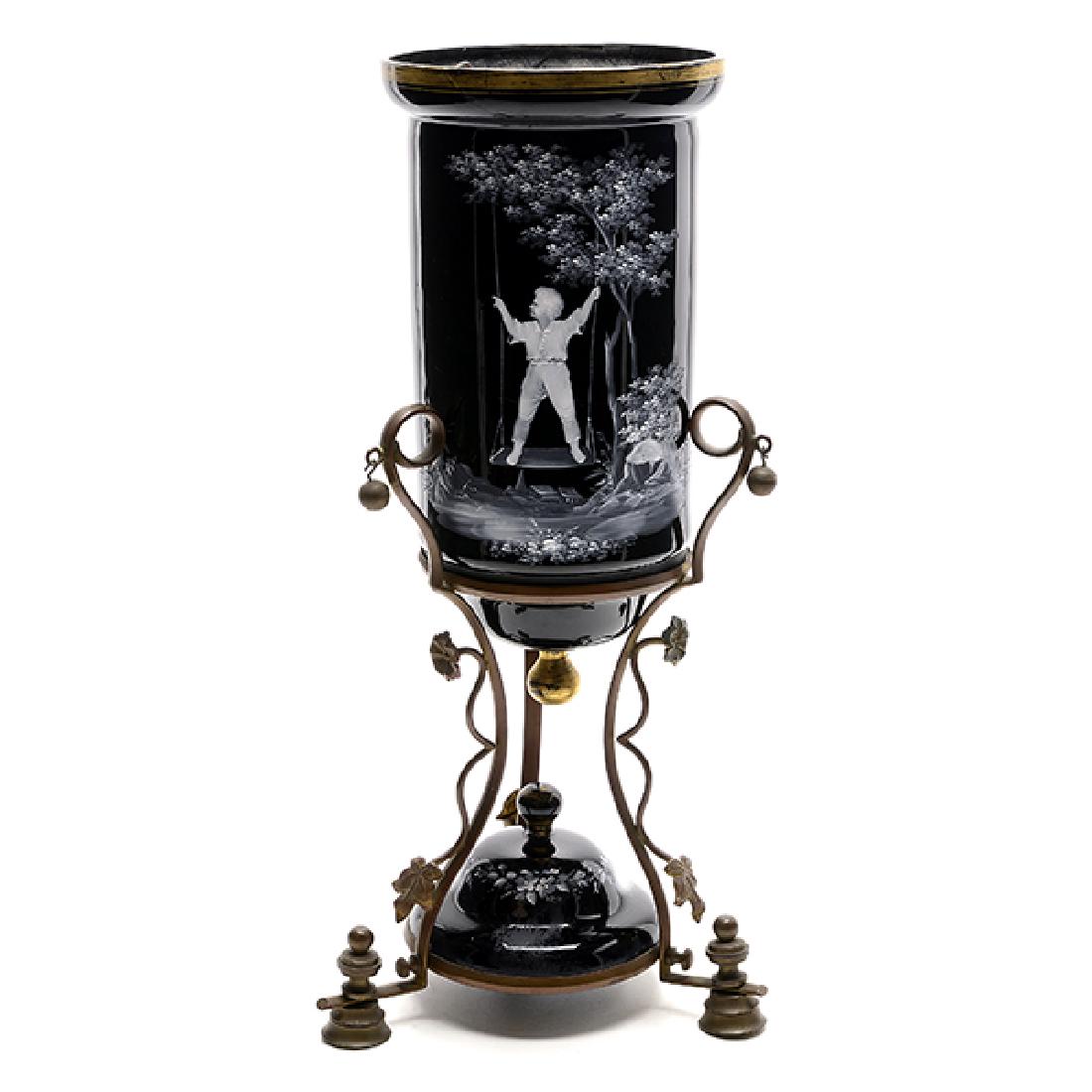 Mary Gregory Cylindrical Black Glass Jar on Stand (1 of 5)