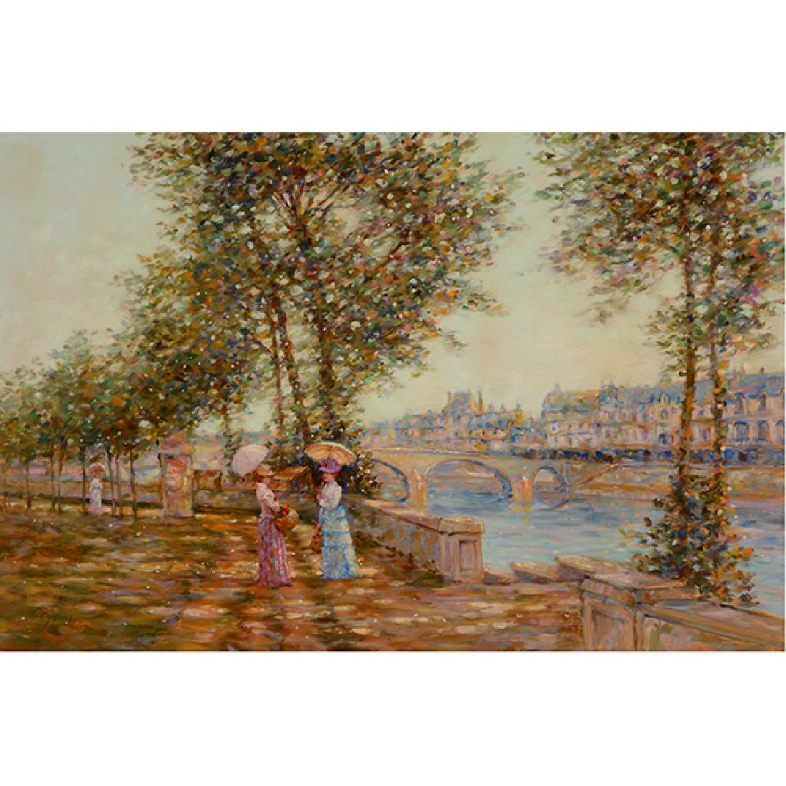E J Cygne "Strolling along the river" oil on canvas (1 of 10)
