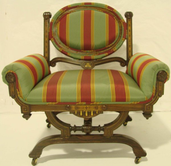 Wonderful Inlaid Pottier & Stymus Armchair, Solid R: Wonderful Inlaid Pottier & Stymus Armchair, Solid Rosewood, Great Condition, Original Finish, Fabric in Good Condition, This Piece is Ready to Use in Your Home, Circa 1870's, 32"h x 30 1/2"w x 21 1/2"