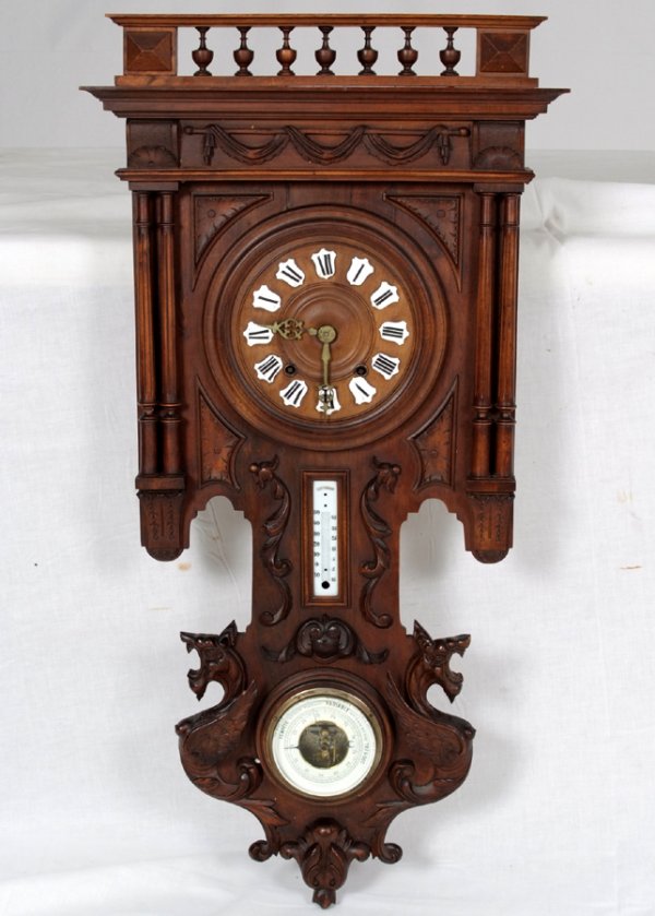 Antique Black forest Griffin Clock with Barometer, : Antique Black forest Griffin Clock with Barometer, Black Forest Clock Made Of Walnut, Extremely Rare Clock with Barometer and Winged Griffins 39 1/2"h x 30"w x 7"d
