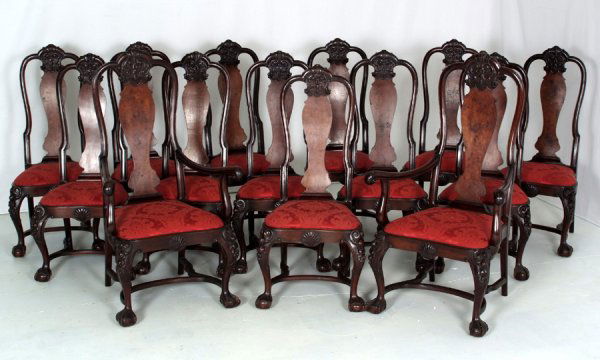 Extremely Rare Set of 14 Antique Mahogany Dining: Extremely Rare Set of 14 Antique Mahogany Dining Chairs with Bowed Backs, Serpentine Front & Sides, Ball and Claw Feet, Slip in Seat Covers, Great Condition, Original Finish, Circa 1880's, Two Armchai