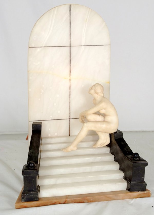 Antique Art Deco Lamp with Figure of a Woman Loung: Antique Art Deco Lamp with Figure of a Woman Lounging on a Staircase, Made of Marble and Onyx, In Working Order, 20"h x 14 3/4"w x 9 1/2"d