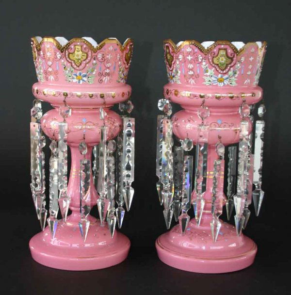 Pair of Antique Victorian Mantle Lusters: Pair of Antique Mantle Lusters, Original Paint, Rare Color Pink, Two Rows of Prisms 14 1/2"h x 6 1/2w x 6 1/2d