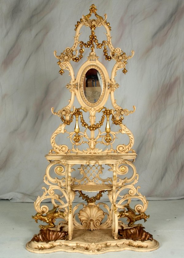 Antique French Griffin Hall Tree, French Metal Hal: Antique French Griffin Hall Tree, French Metal Hall Tree with Large Griffins in Base with Draped Gilt Floral Design, Original Paint and Original Pans, Engraved "Cornea Alfred 31 A. Charleville" 88"h x