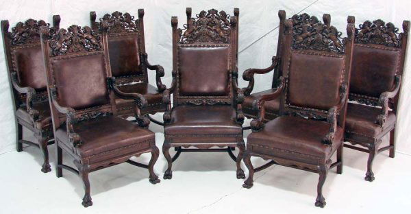 Wonderful Set of Eight Custom Made Griffin Dining: Wonderful Set of Eight Custom Made Griffin Dining Room Chairs, Great Condition, Original Finish, made from solid oak. Great detail griffin crests. Fabric is in Good Condition, 49 1/2"h x 23"w x 26'd T