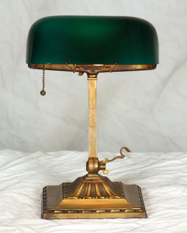Antique Emeralite Desk Lamp Signed on shade : Antique Emeralite Desk Lamp, Signed on shade and base 13h x 81/2w x 7 d