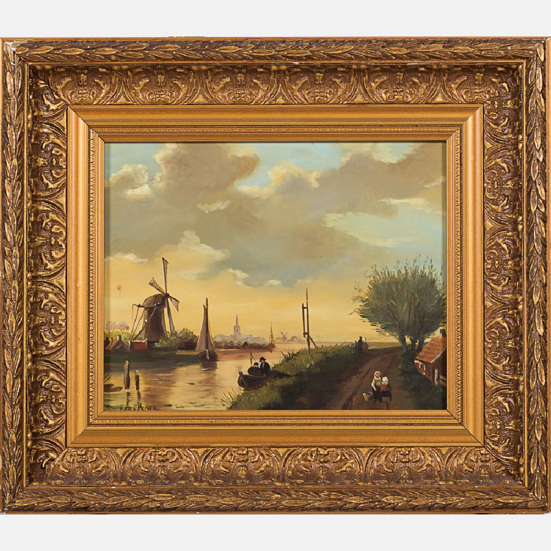 Herkelman (20th Century) Dutch River Scene, Oil on (1 of 3)