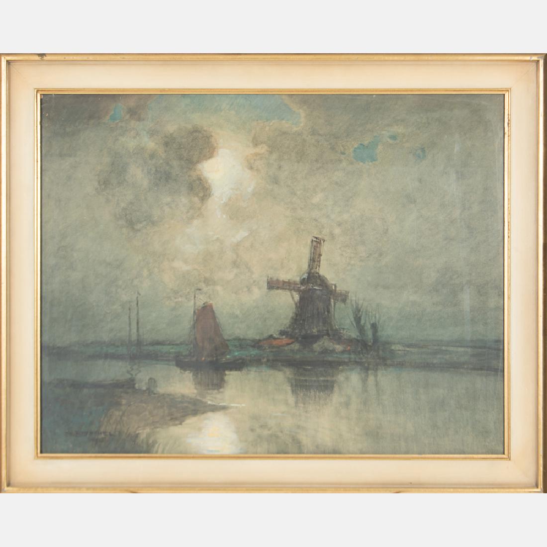 William Frederick Ritschel (1864-1949) Moonlit Harbor: William Frederick Ritschel (1864-1949) Moonlit Harbor with Windmill, Watercolor gouache on paper, Signed and dated 1905 lower left. H: 22 W: 27 in.