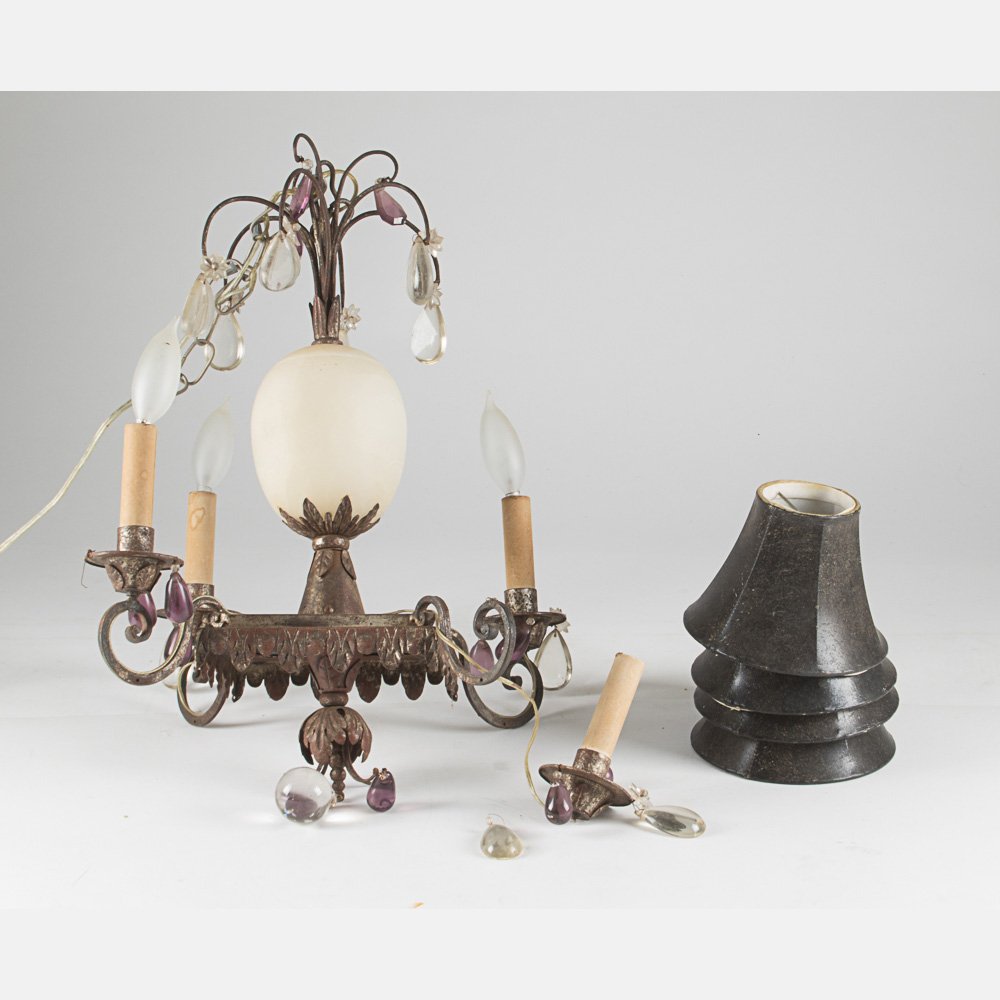 An Italian Wrought Metal, Glass and Alabaster Tole: An Italian Wrought Metal, Glass and Alabaster Tole Painted Four Light Chandelier, Early 20th Century. H: 19 W: 13 D: 13 in.