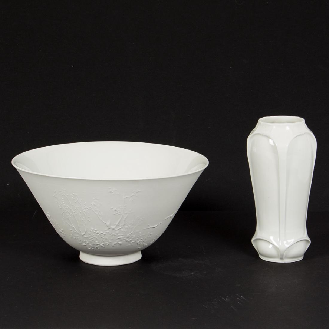 A Gerhard Gollwitzer for KPM Rohtrautschale Blanc de: A Gerhard Gollwitzer for KPM Rohtrautschale Blanc de Chine Center Bowl, 20th Century, Together with an Austrian blanc de chine vase. Bowl dimensions: h: 4 3/4 in. x dia: 9 in. From the Estate of Barry