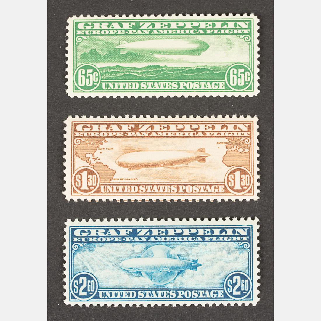 A Complete Set of Graf Zepplins Airmail Stamps C13, 14,: A Complete Set of Graf Zepplins Airmail Stamps C13, 14, 15, Extra fine, mint, never hinged.