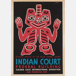 Louis Siegriest (1899-1989) Blanket Design of the Haida: Louis Siegriest (1899-1989) Blanket Design of the Haida Indians, Alaska, Indian Court Federal Building, Golden Gate International Exposition, San Francisco, 1939, Color lithograph, Signed in print upp