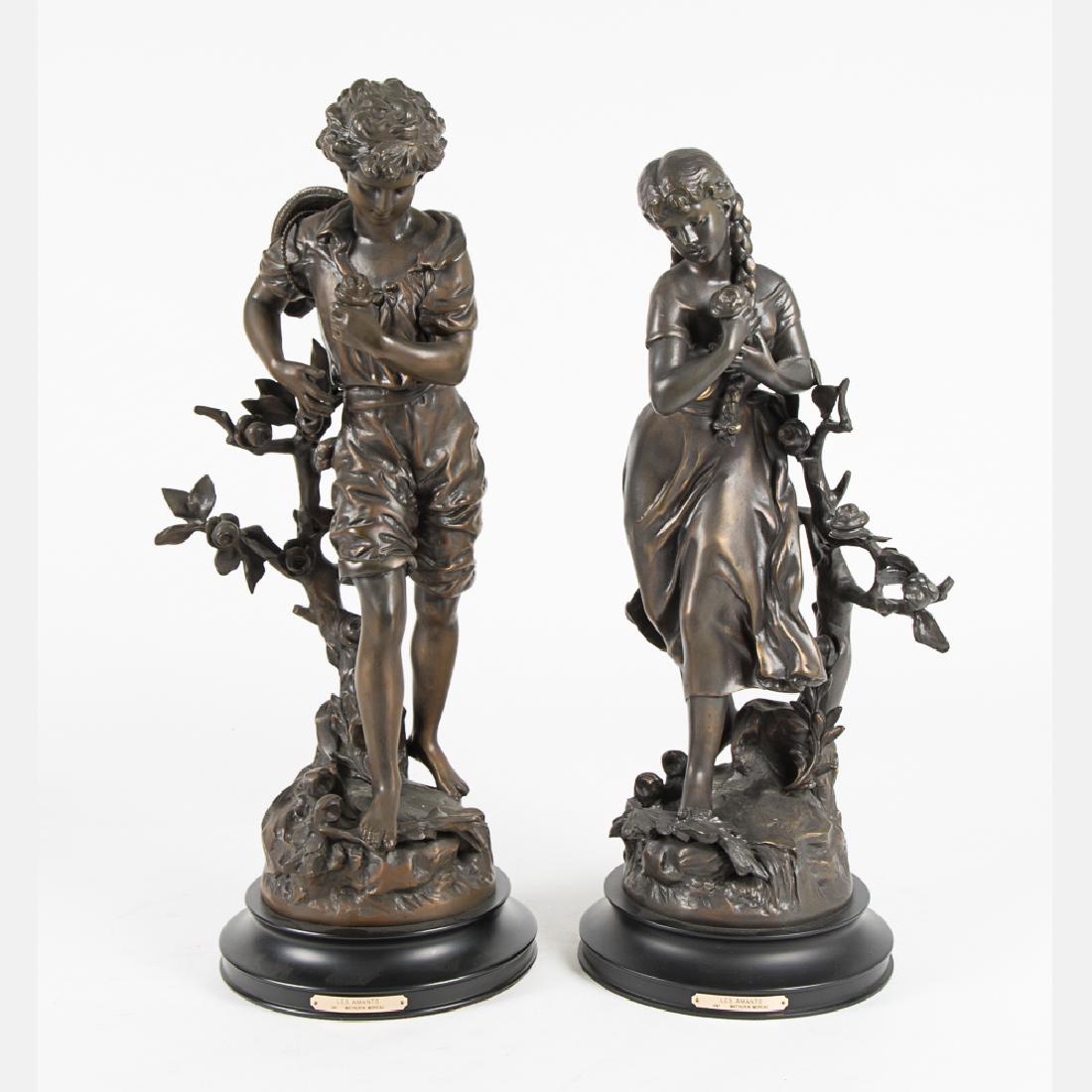 After Mathurin Moreau (1822-1912) Les Amants, Patinated: After Mathurin Moreau (1822-1912) Les Amants, Patinated metal. Collection Francaise, made in USA plaque on base. Numbered DH195 and DJ201, both an edition of 850. Largest dimensions: h: 22 1/2 x w: 7 