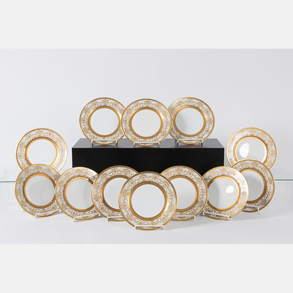 A Set of Twelve Limoges Gilt Porcelain Dinner Plates, (1 of 4)