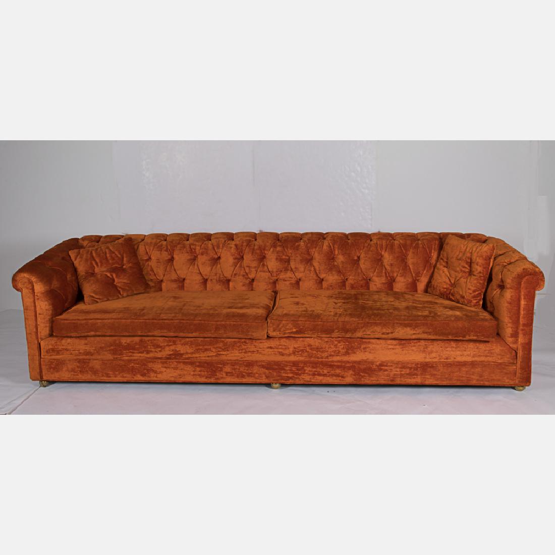 A Custom Made Tuxedo Style Tufted, Orange Velvet Sofa, (1 of 3)