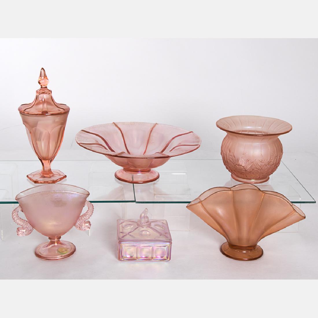 A Miscellaneous Collection of Fenton Stretch Glass: A Miscellaneous Collection of Fenton Stretch Glass Decorative Items in the Velva Rose Color, 20th Century. Largest dimensions: dia: 11 in.