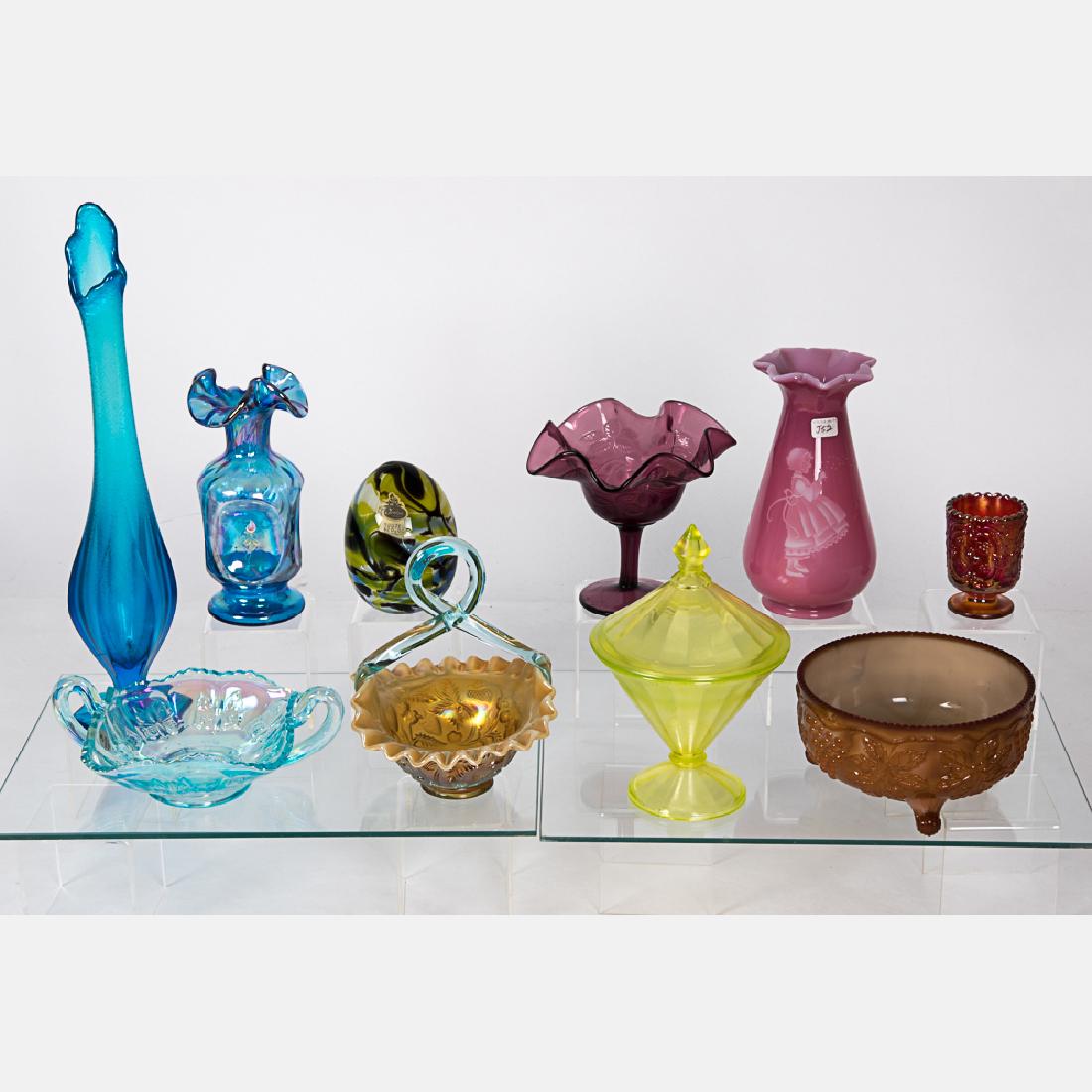A Miscellaneous Collection of Fenton Carnival and: A Miscellaneous Collection of Fenton Carnival and Stretch Glass Decorative Items in Various Colors, 20th Century. Largest dimensions: h: 15 1/2 in.