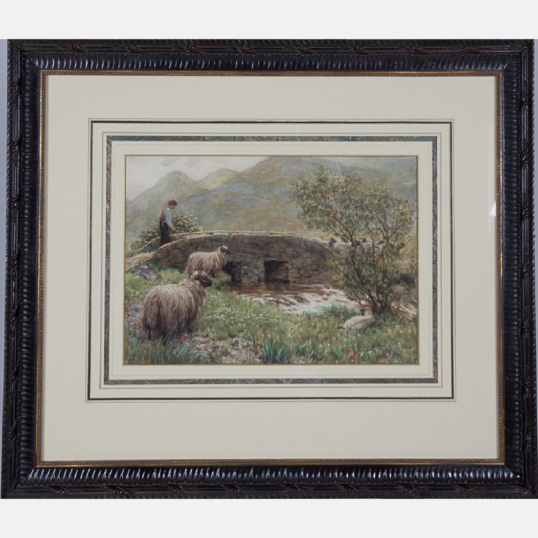 John Robert Keitley Duff (1862-1938) A Shepherd with: John Robert Keitley Duff (1862-1938) A Shepherd with Sheep Crossing a Bridge, Watercolor on paper, Signed lower right. Matted in carved wood frame. Framed dimensions: h: 22 5/8 x w:26 1/8 in.