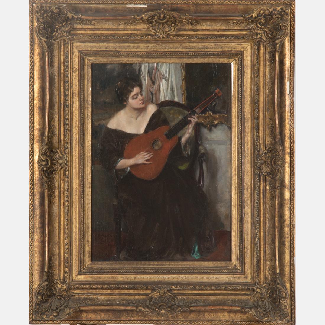 Jan Schreuder van de Coolwijk (1868-1962) Woman Playing: Jan Schreuder van de Coolwijk (1868-1962) Woman Playing a Cittern, Oil on canvas, Signed lower left. H: 13 1/2 W: 10 in.