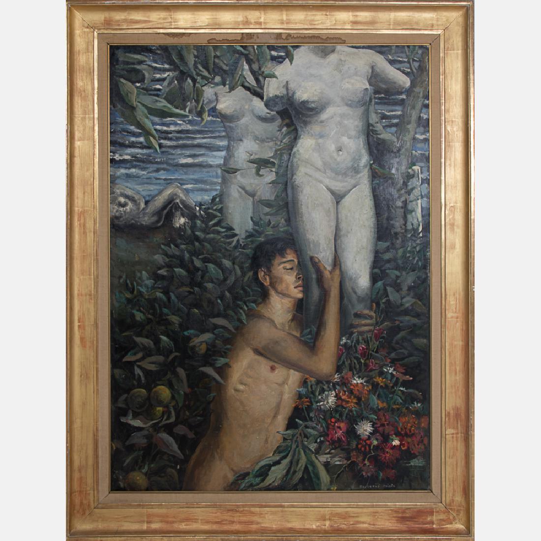 Gregorio Prieto Munoz (1897-1992) Untitled (Male Nude: Gregorio Prieto Munoz (1897-1992) Untitled (Male Nude with Three Female Torsos), Oil on canvas, Signed lower right. H: 59 1/2 W: 47 1/2 in.