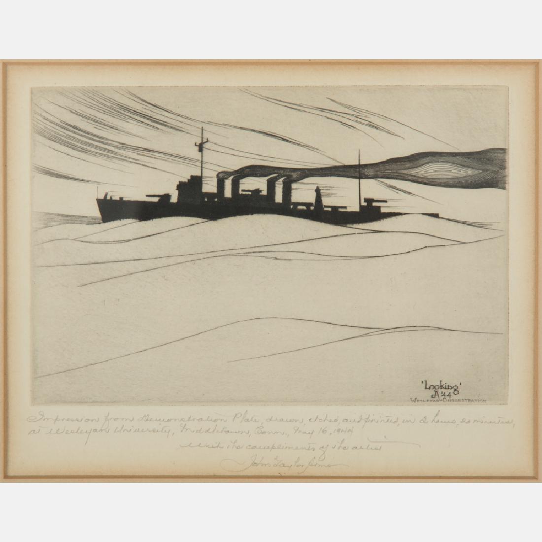 John Taylor Arms (1887-1953) Looking,: John Taylor Arms (1887-1953) Looking, Weselyan-Demonstration, Etching, Titled and dated '44 within print. Inscribed in pencil, 'Impression from Demonstration Plate, drawn, etched and printed in 2 hour