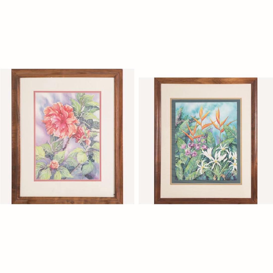 Joy Shahbazian-Turbin (20th Century) Two Tropical: Joy Shahbazian-Turbin (20th Century) Two Tropical Floral Still Lifes, Watercolors, Both signed lower right. Largest framed dimensions: h: 26 1/4 x w: 20 3/8 in.