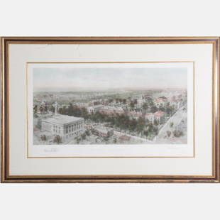 Richard Rummell (1848-1924) Brown University, Hand: Richard Rummell (1848-1924) Brown University, Hand colored lithograph, Signed lower right. Framed dimensions: h: 26 3/4 x w: 39 5/8 in. H: 14 W: 27 in.