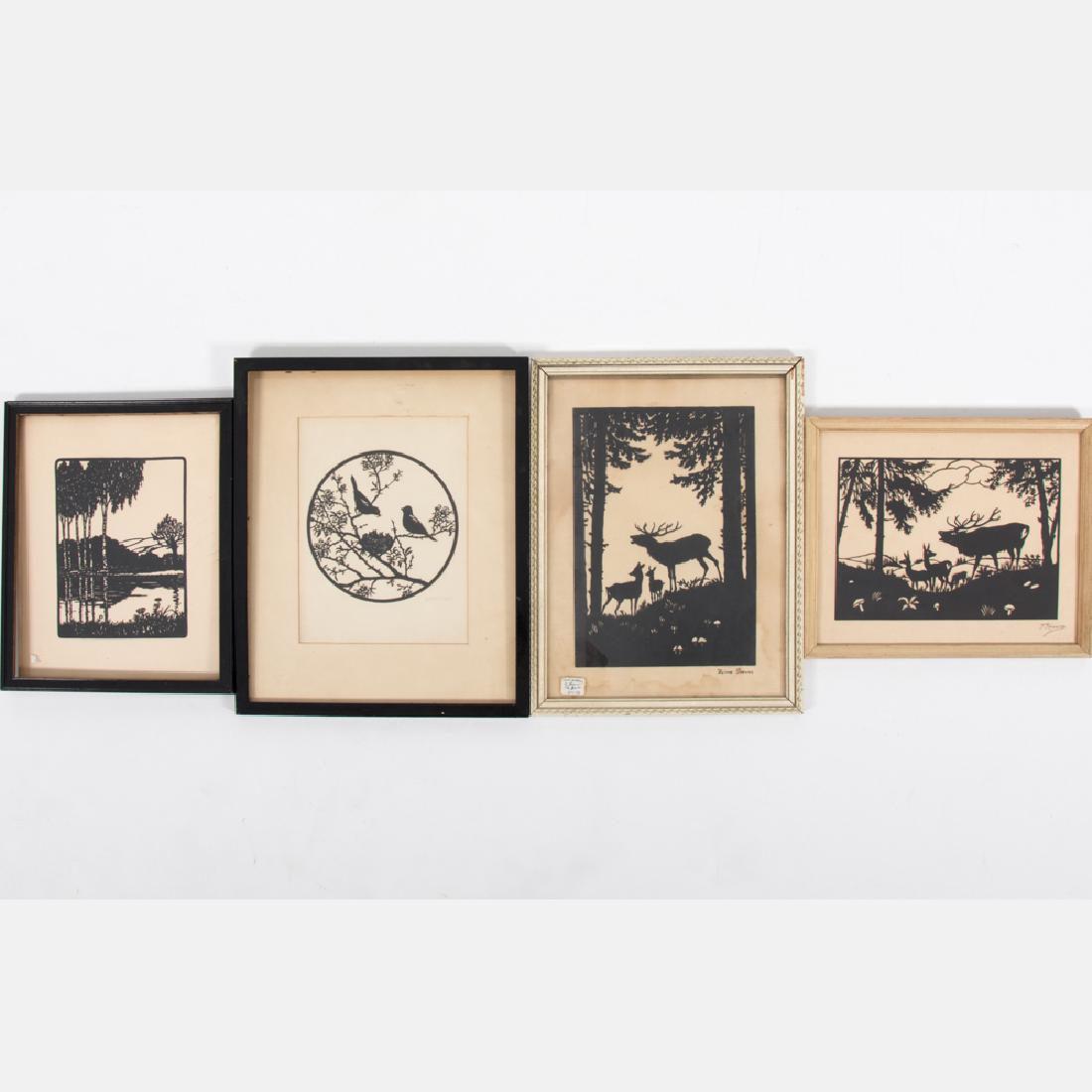 A Collection of Four Cut Paper Silhouettes Depicting: A Collection of Four Cut Paper Silhouettes Depicting Animals within Landscapes by Various Artists, 20th Century, Including pieces by Lindegreen and F. Kaskeline. Largest dimensions: h: 13 x w: 10 3/4