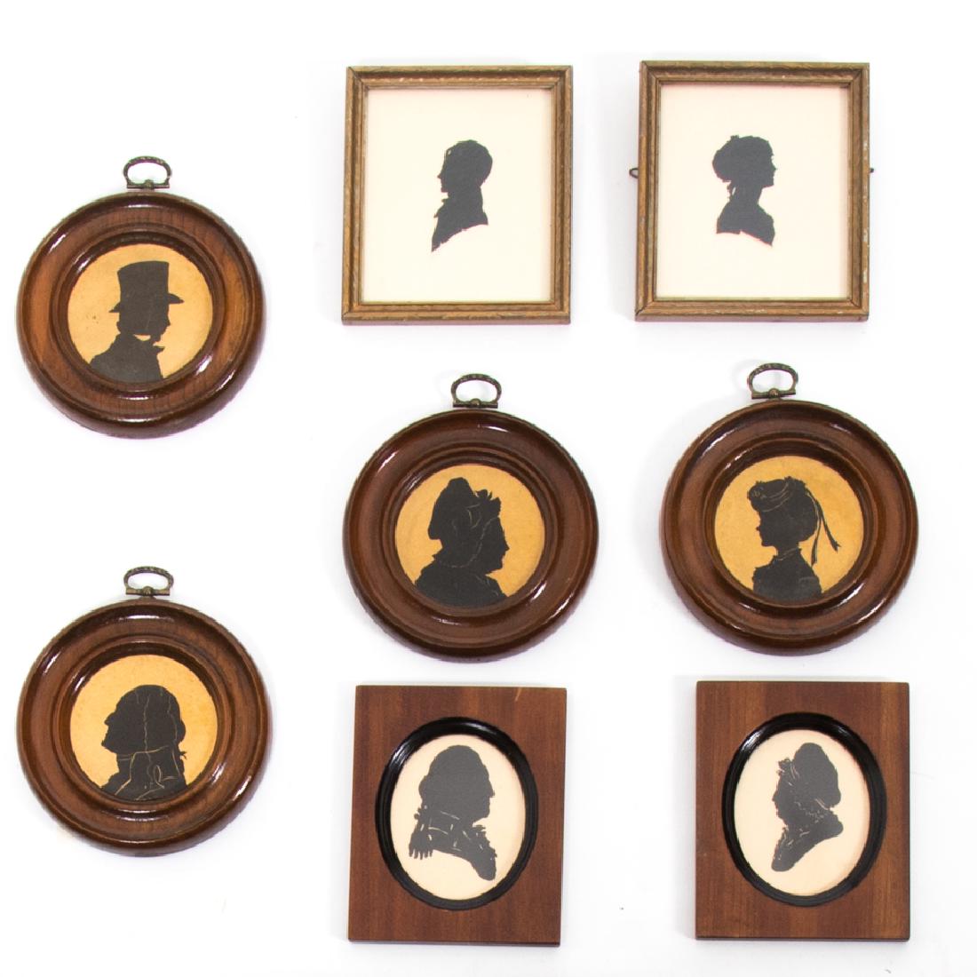 A Collection of Eight Cut Paper Silhouettes, 19th/20th: A Collection of Eight Cut Paper Silhouettes, 19th/20th Century, Depicting George and Martha Washington, as well as various male and female profiles. Largest dimensions: h: 4 5/8 x w: 8 3/4 in. From th