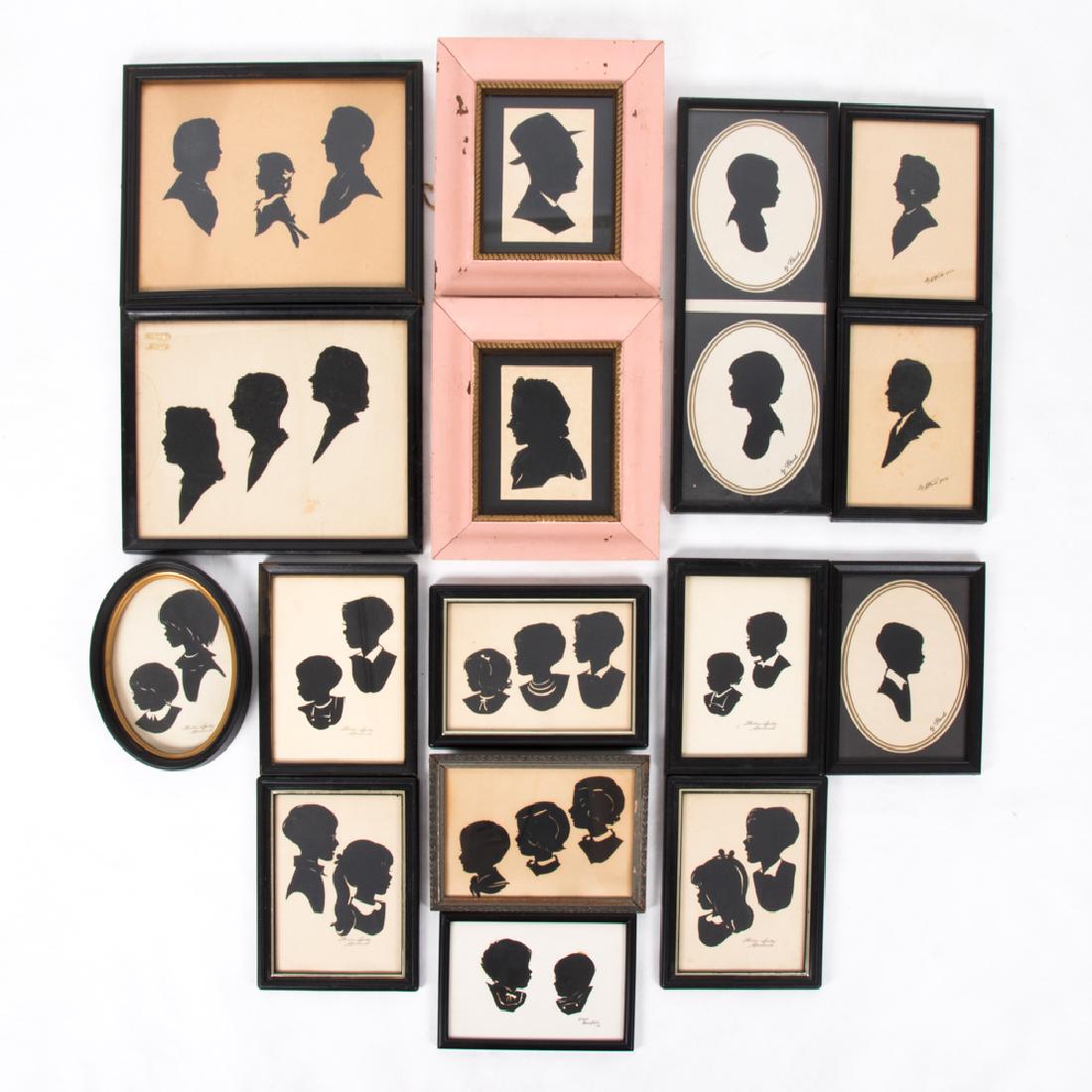 A Collection of Sixteen Cut Paper Silhouettes by: A Collection of Sixteen Cut Paper Silhouettes by Various Artists, 20th Century, Including pieces by Wallie Spatz, A. Waite and Paul. Largest framed dimensions: h: 9 x w: 11 in. From the Collection of 