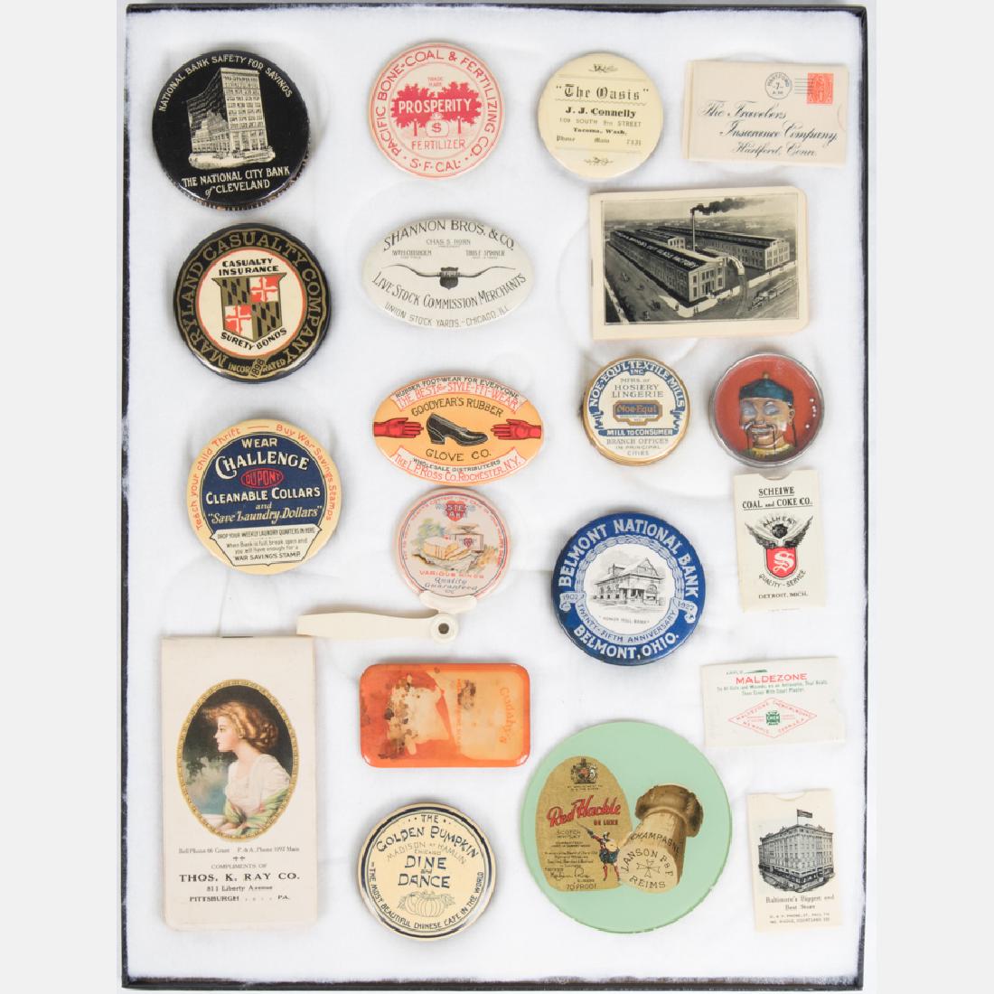 A Miscellaneous Collection of Celluloid, Metal and: A Miscellaneous Collection of Celluloid, Metal and Paper Advertisement Souvenirs, 20th Century, Including items for Red Hackle de Luxe, The Golden Pumpkin, Thos. K. Ray Co., Belmont National Bank, Hos