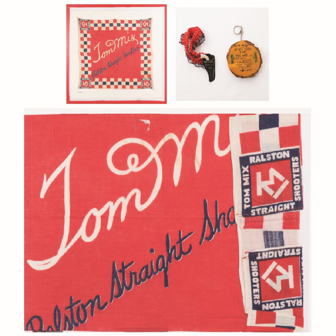 A Miscellaneous Collection of Tom Mix Ephemera, 20th: A Miscellaneous Collection of Tom Mix Ephemera, 20th Century, Including two 'Tom Mix Ralston Straight Shooters' handkerchiefs one framed), a Tom Mix Museum key chain, and Tom Mix Fest toy gun and gart
