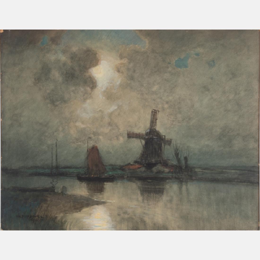 William Frederick Ritschel (1864-1949) Moonlit Harbor: William Frederick Ritschel (1864-1949) Moonlit Harbor with Windmill, Watercolor gouache on paper laid on board, Signed and dated 1905 lower left. Having partial Art Students League, New York, label on