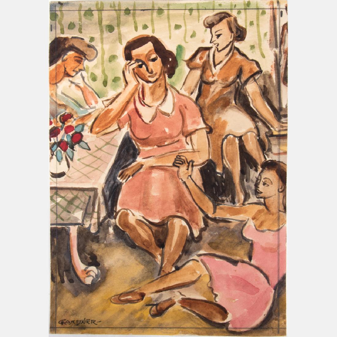 Fred Gardner (1880-1952) Interior Scene with Women,: Fred Gardner (1880-1952) Interior Scene with Women, Watercolor, Signed lower left. H: 9 1/4 W: 6 1/2 in.