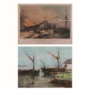 Two Colored Lithographs Depicting Ships by Various: Two Colored Lithographs Depicting Ships by Various Artists, 20th Century, Including Michael Chaplin's 'Evening on Milton Creek' (signed and numbered 186/200) and A. Maclure's 'Shipwreck' (signed).