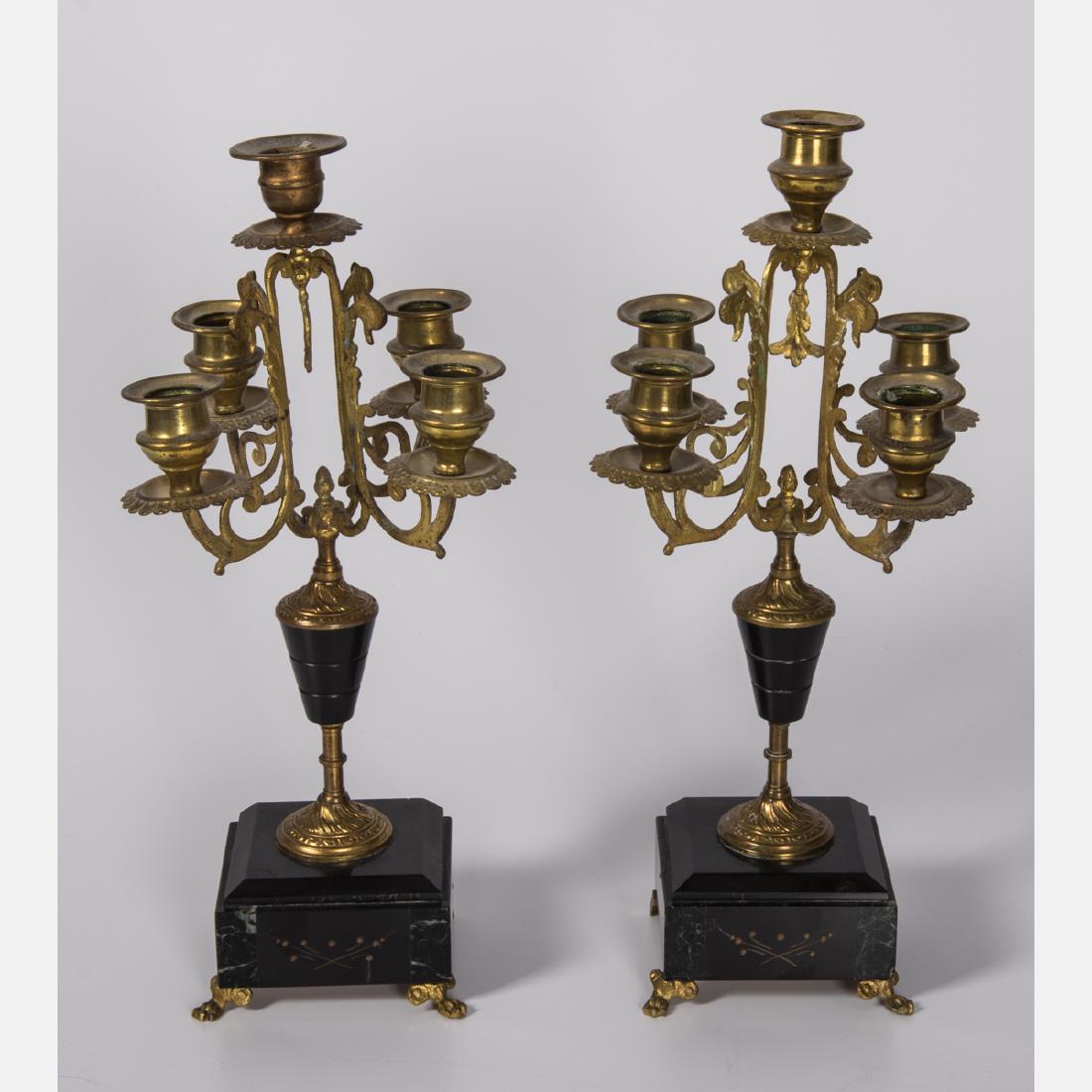 A Pair of Faux Marble and Brass Five Arm Candelabrum, (1 of 3)