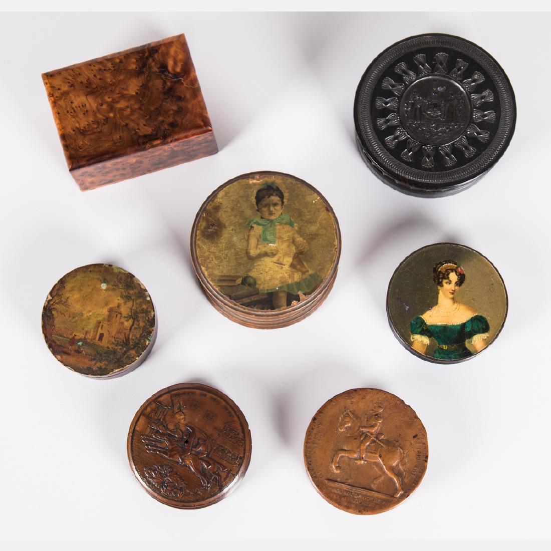 A Group of Seven Wood and Papier Mache Snuff Boxes, (1 of 4)