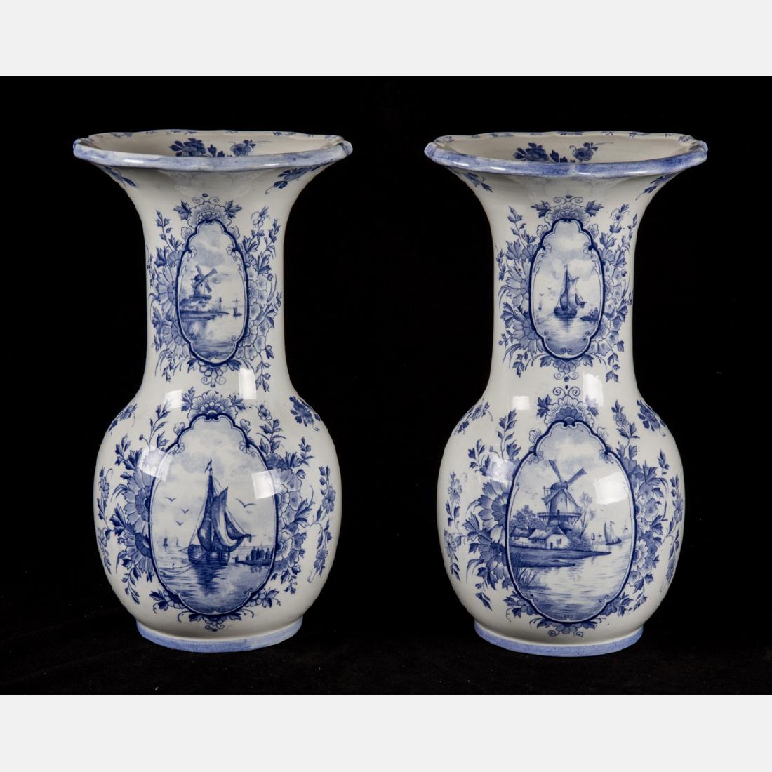 A Pair of Blue and White Delft Vases, 20th Century. (1 of 2)