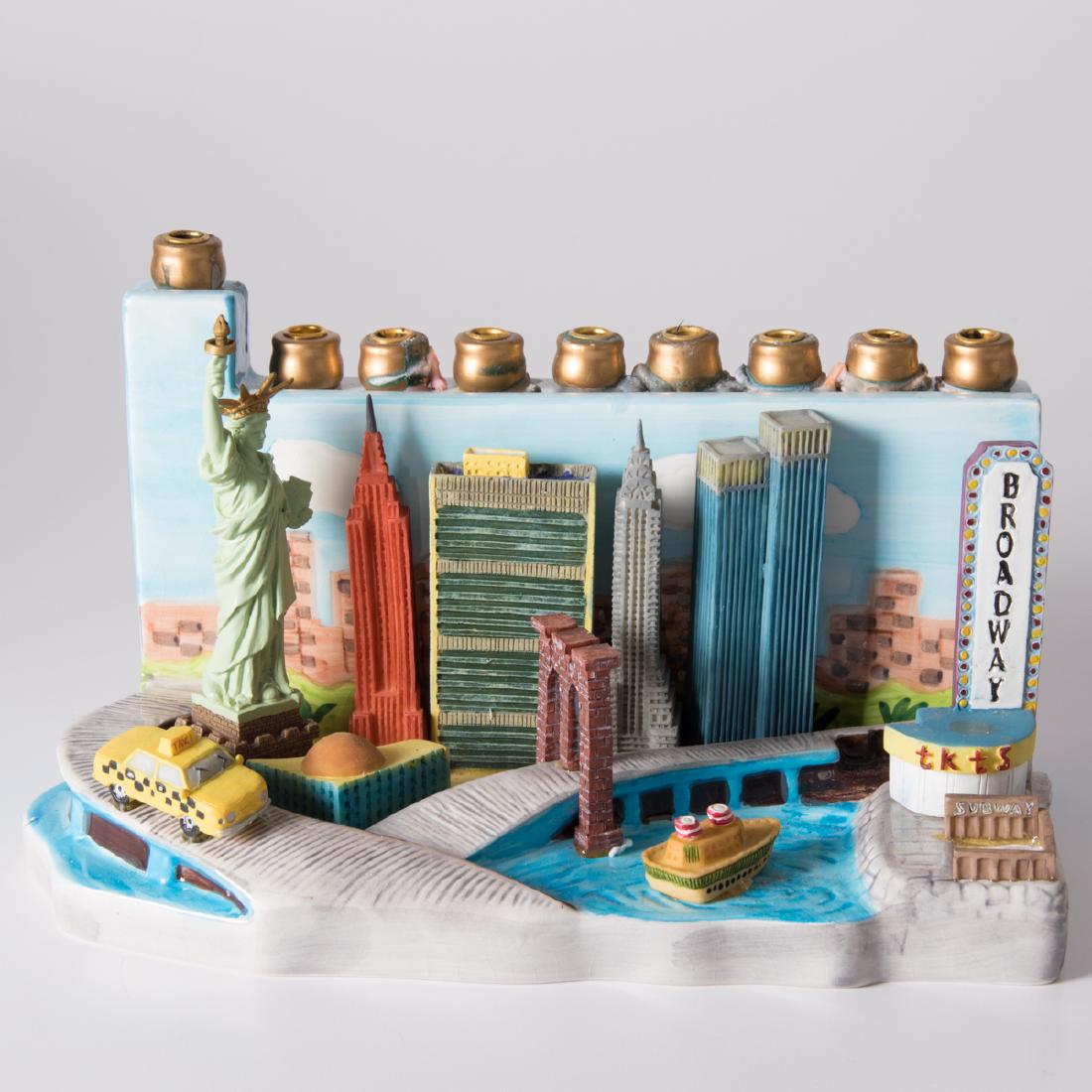 Shepsil Scheinberg (20th Century) New York City: Shepsil Scheinberg (20th Century) New York City Menorah, Ceramic, Marked on bottom. In original Aviv Judaica Imports box. H: 5 W: 11 D: 6 in.
