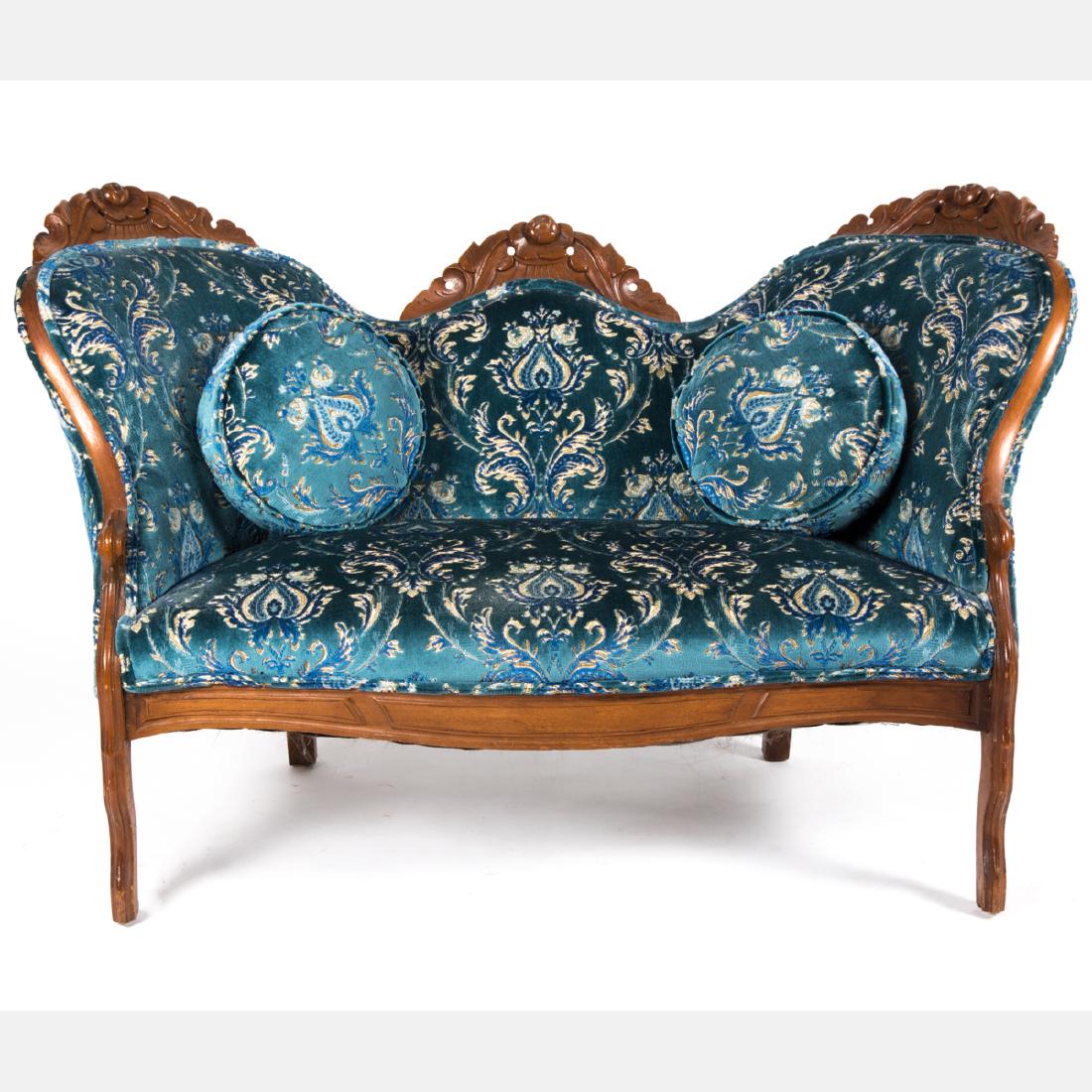 A Victorian Style Carved Walnut Settee with Cut-Velvet (1 of 4)