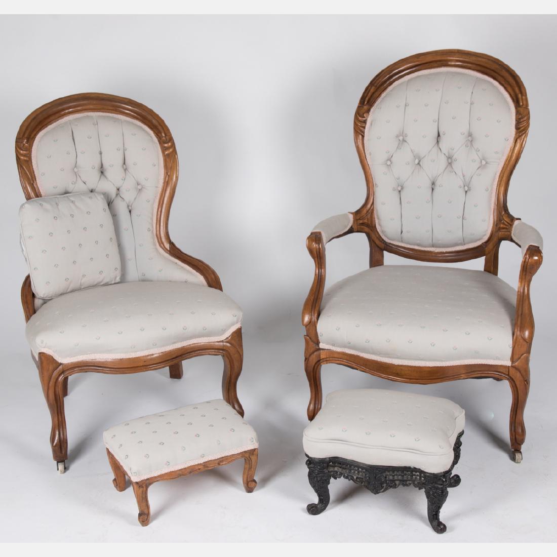 A Victorian Walnut Armchair and Side Chair, 19th/20th (1 of 3)